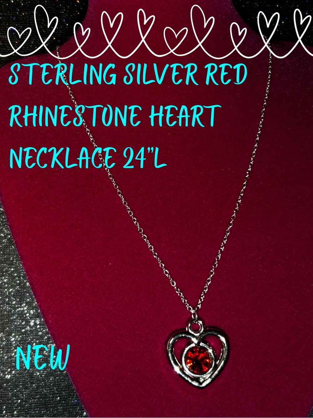 Ruby Red Gem Heart Necklace Sterling Silver 925 July Birthday Gift Rhinestone